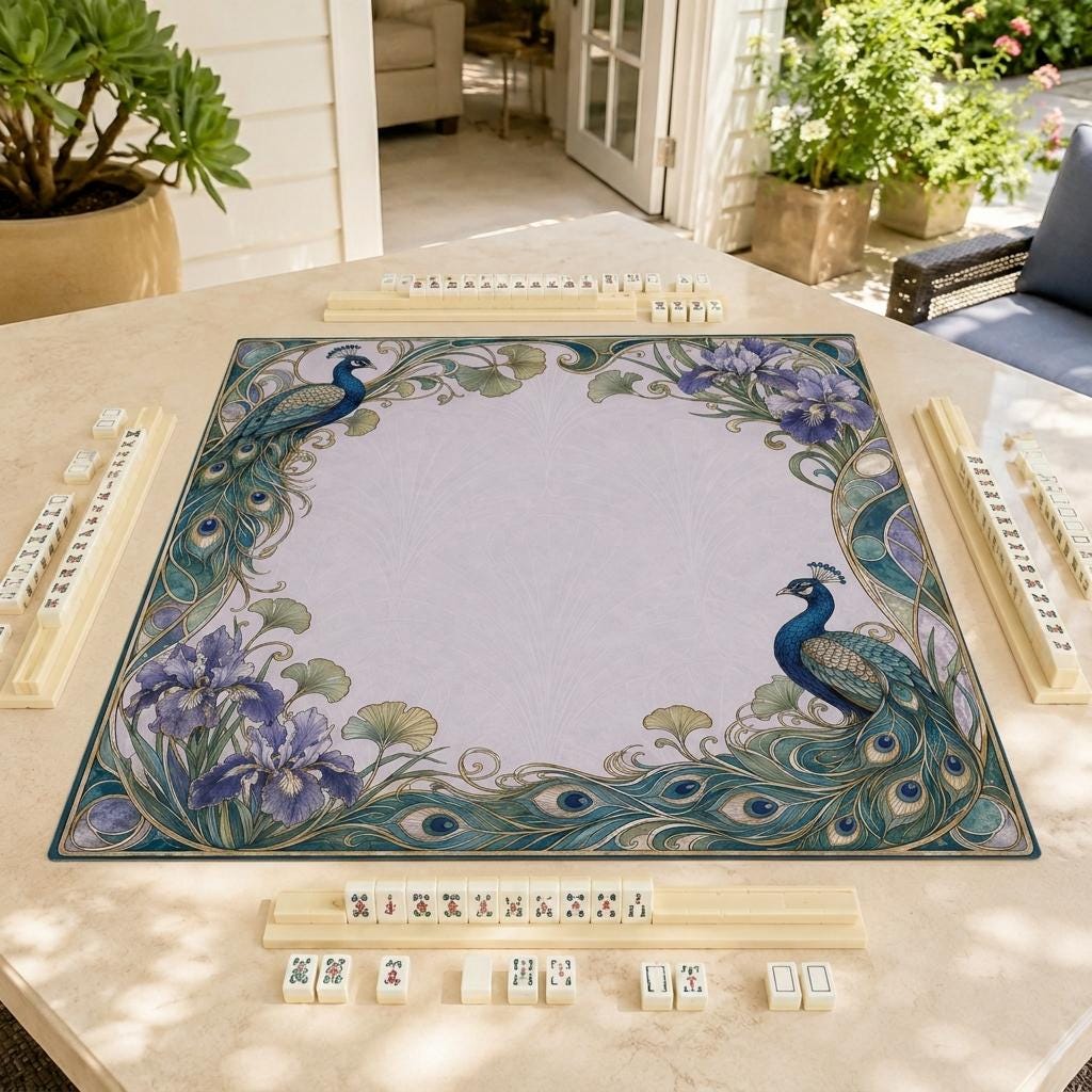Art Nouveau Mahjong Mat, Peacock Iris Botanical Game Table Design, 31.5 Inch