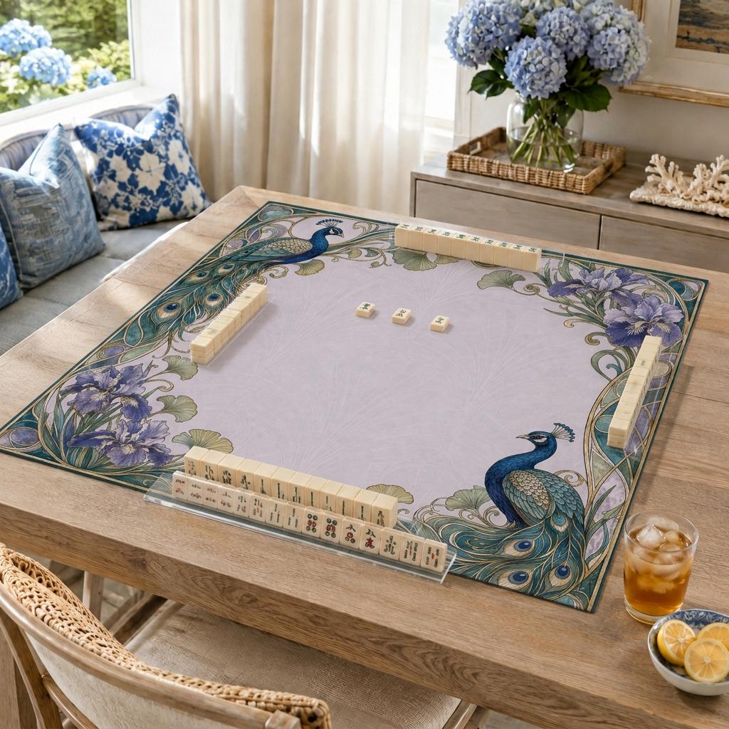 Art Nouveau Mahjong Mat, Peacock Iris Botanical Game Table Design, 31.5 Inch