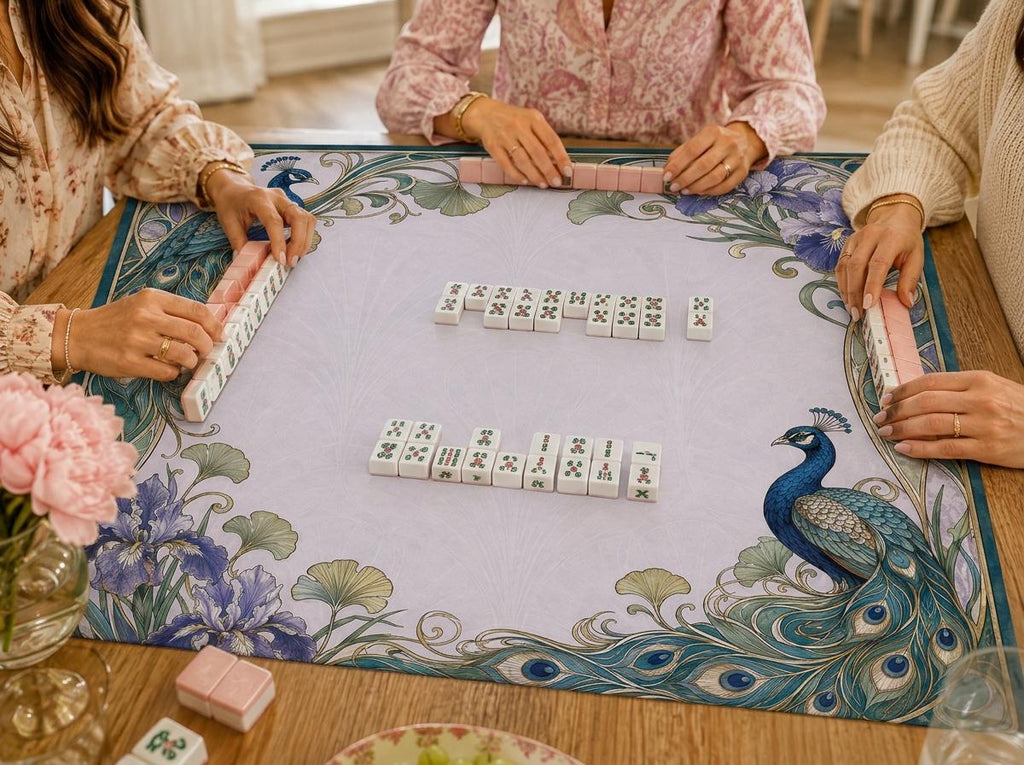 Art Nouveau Mahjong Mat, Peacock Iris Botanical Game Table Design, 31.5 Inch