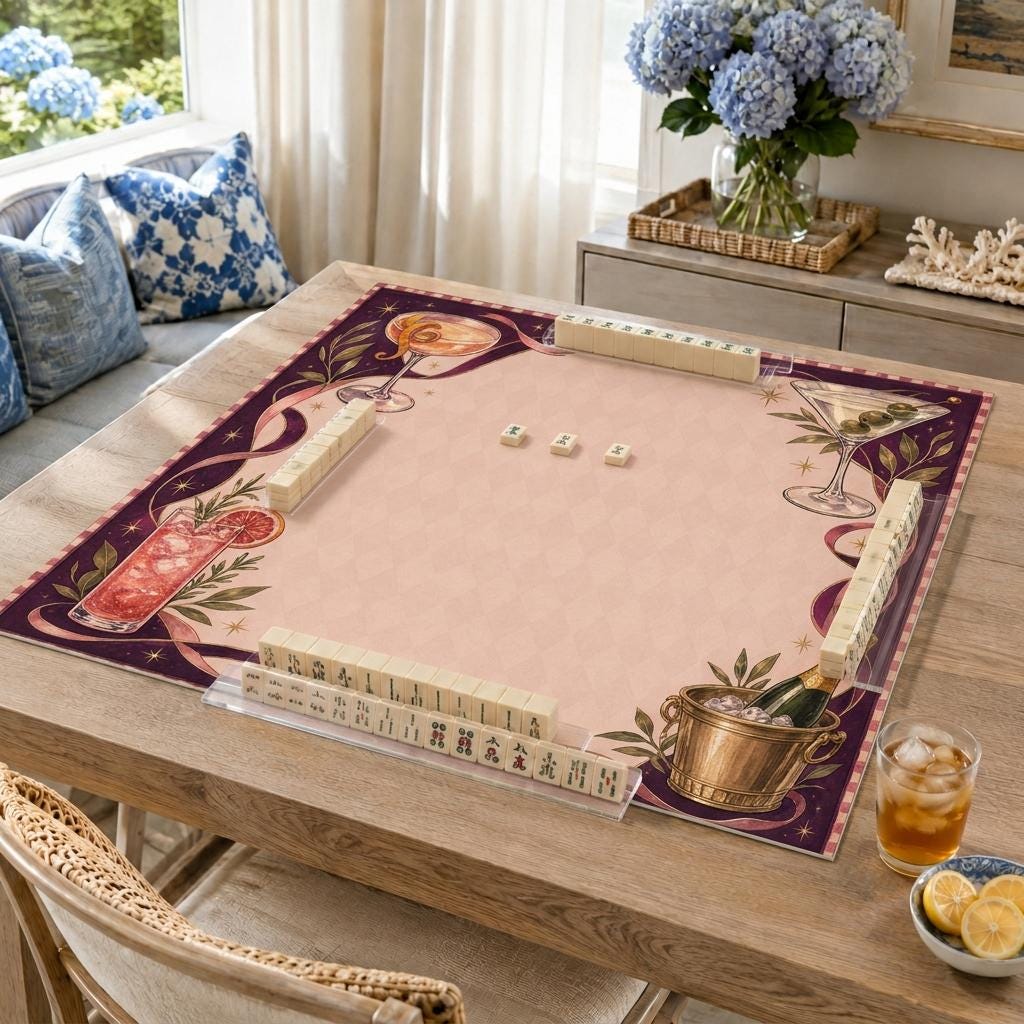 Cocktail Mahjong Mat, Martini Champagne Happy Hour Game Table Design, 31.5 Inch