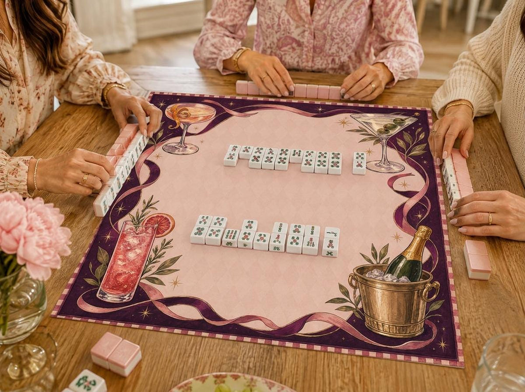Cocktail Mahjong Mat, Martini Champagne Happy Hour Game Table Design, 31.5 Inch