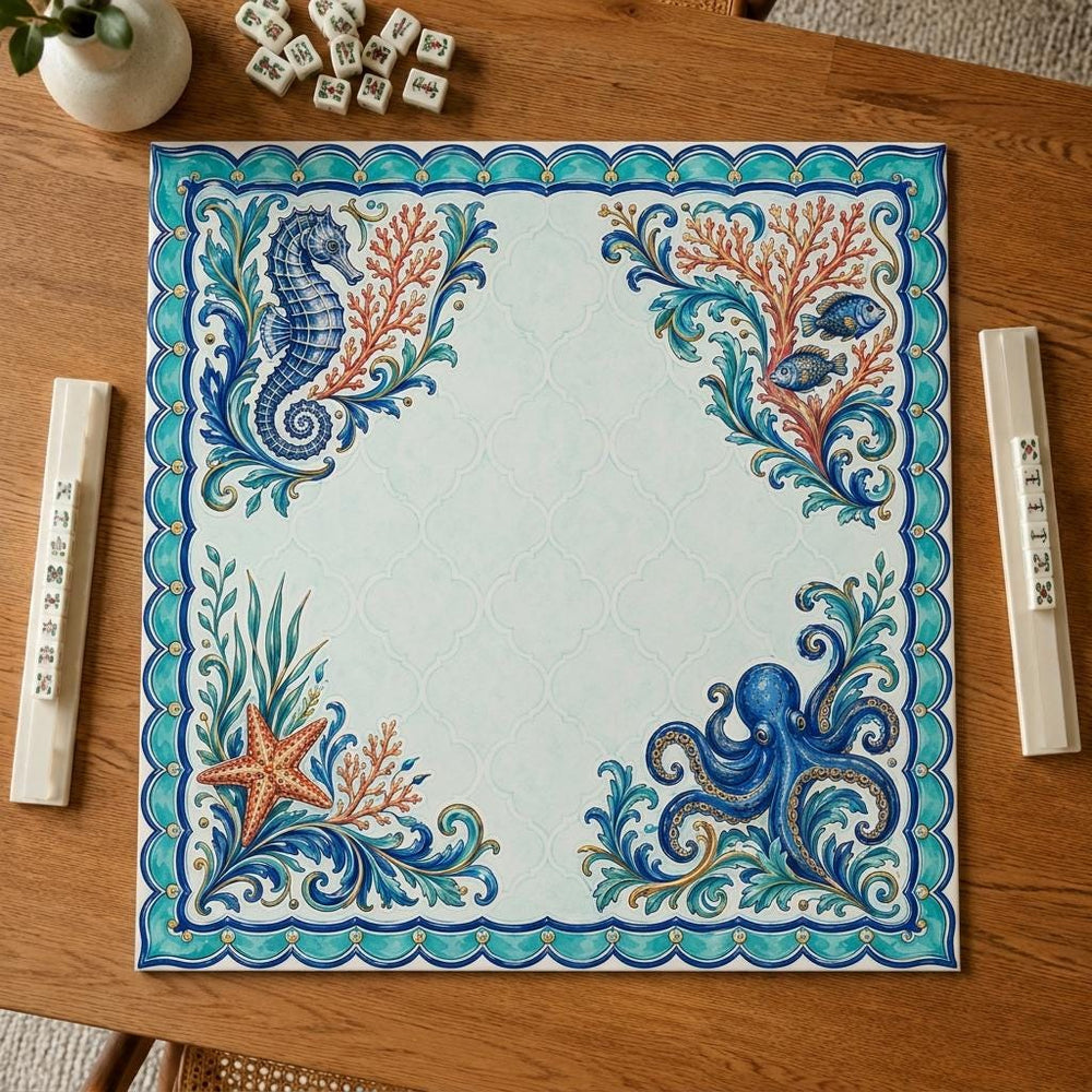 Coastal Mahjong Mat – Seahorse Octopus Coral Majolica product detail
