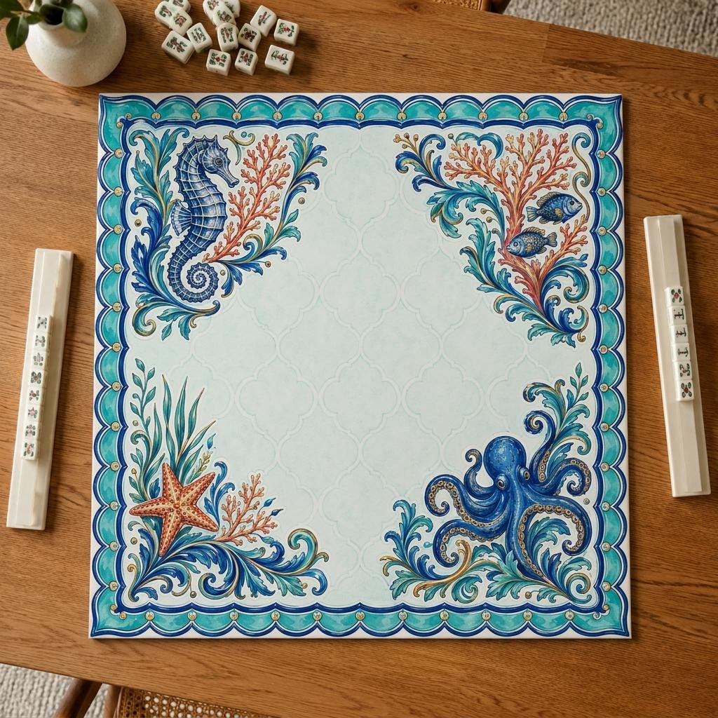 Coastal Mahjong Mat, Seahorse Octopus Coral Majolica Design, 31.5 Inch