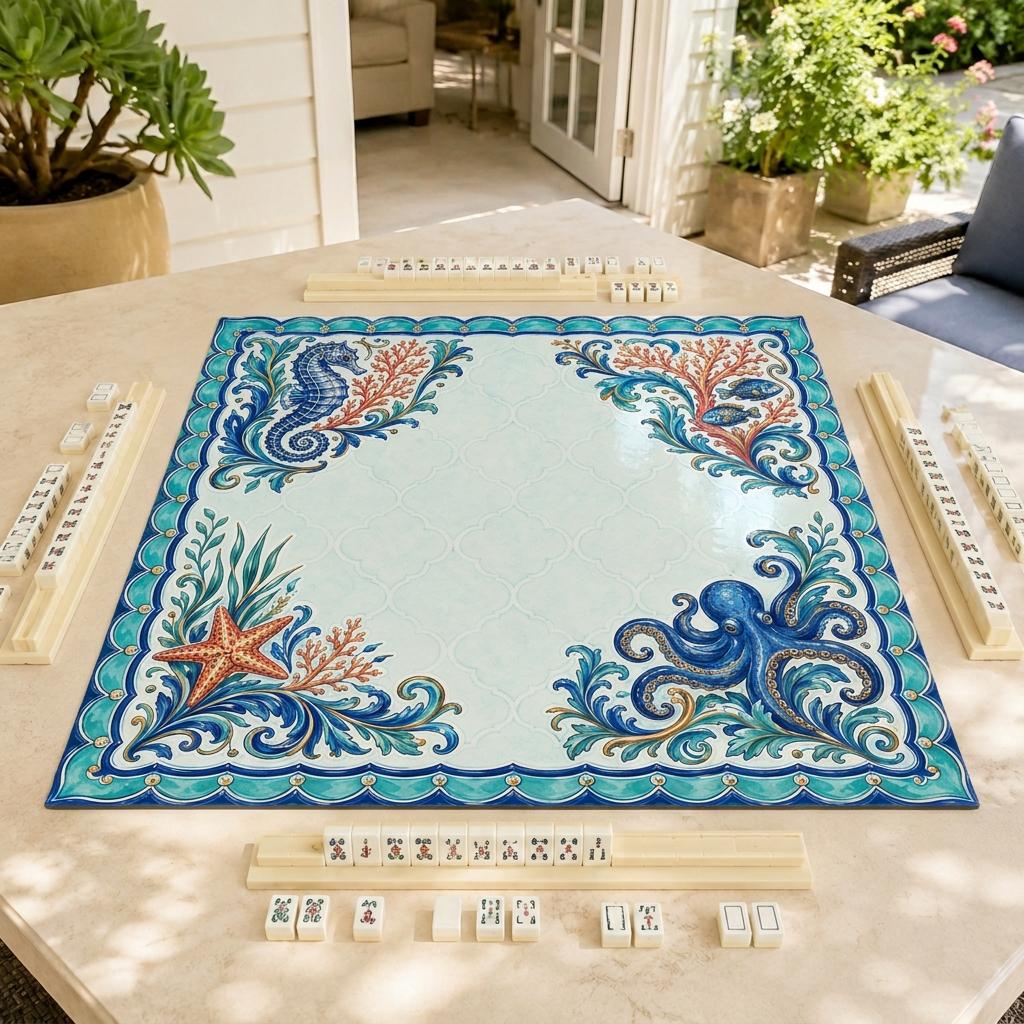 Coastal Mahjong Mat, Seahorse Octopus Coral Majolica Design, 31.5 Inch