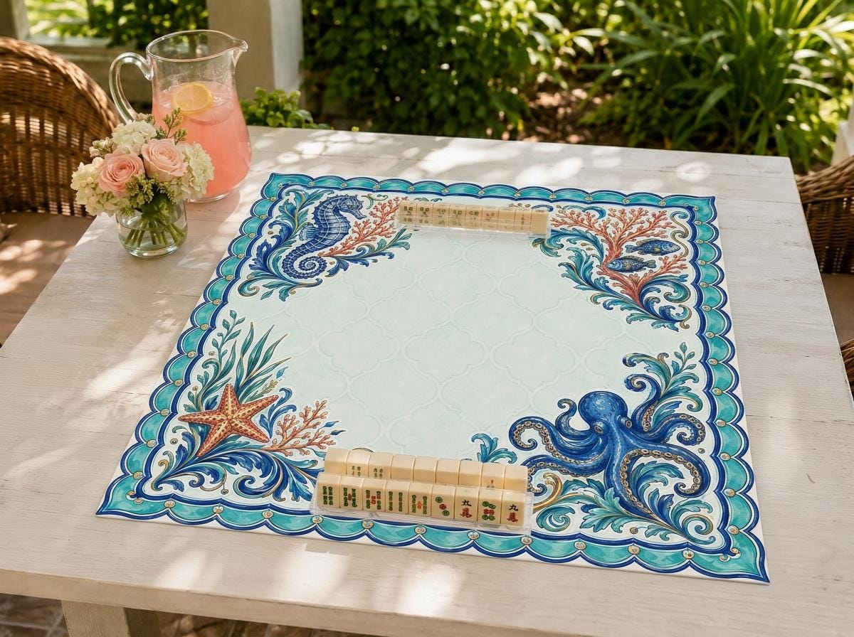 Coastal Mahjong Mat, Seahorse Octopus Coral Majolica Design, 31.5 Inch