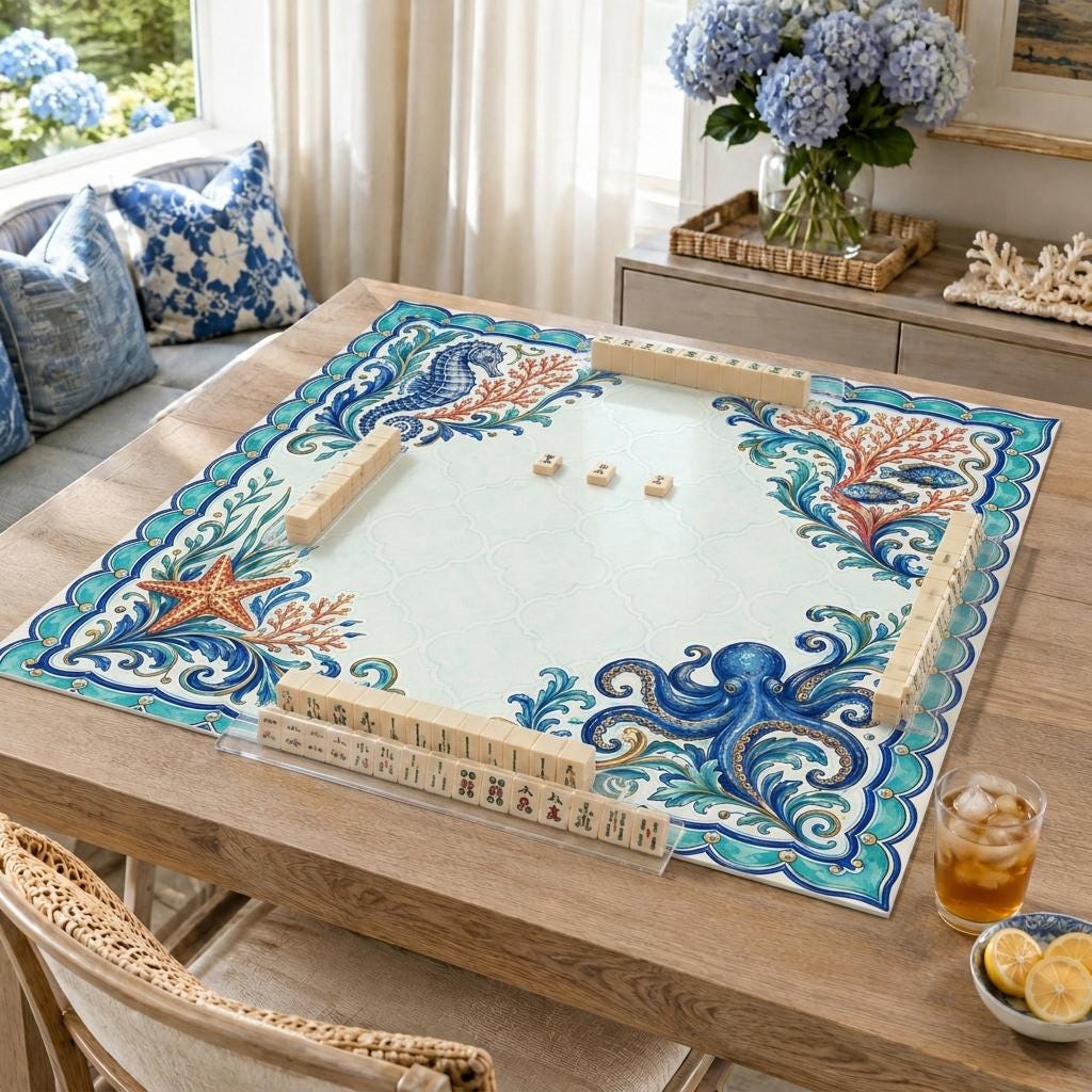 Coastal Mahjong Mat, Seahorse Octopus Coral Majolica Design, 31.5 Inch
