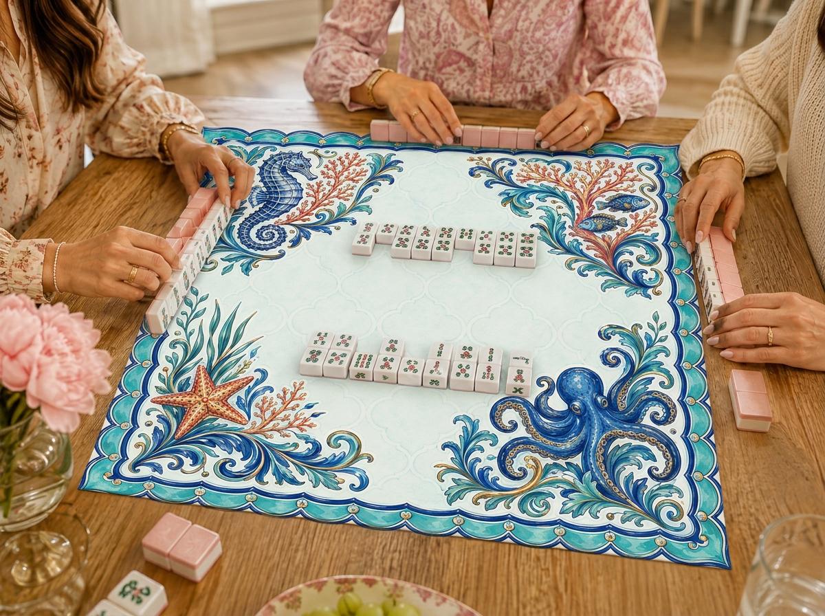 Coastal Mahjong Mat, Seahorse Octopus Coral Majolica Design, 31.5 Inch