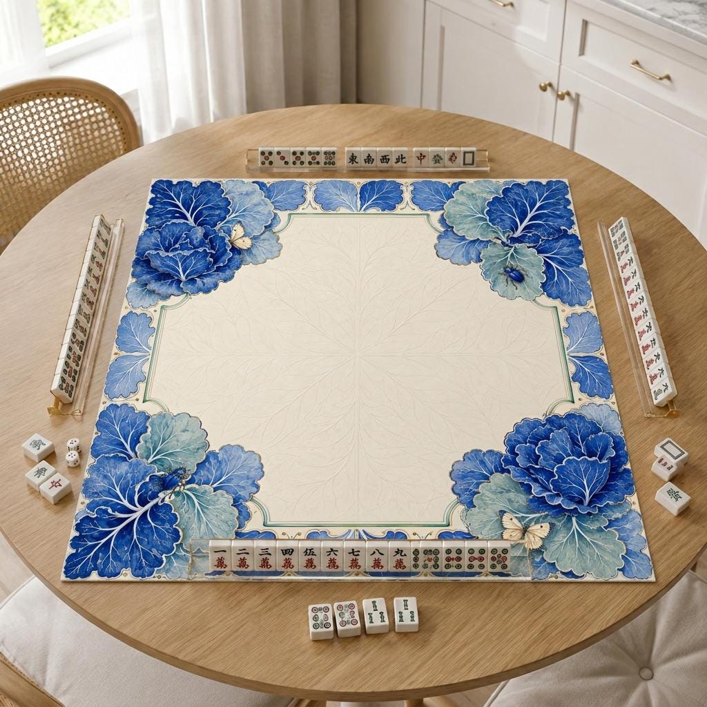 Blue Botanical Mahjong Mat, Cabbage Leaf Majolica Garden Design, 31.5 Inch