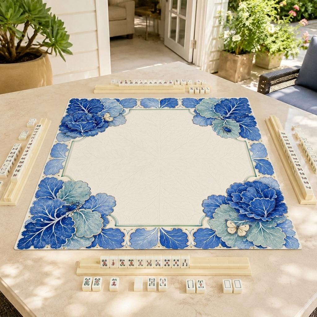 Blue Botanical Mahjong Mat, Cabbage Leaf Majolica Garden Design, 31.5 Inch