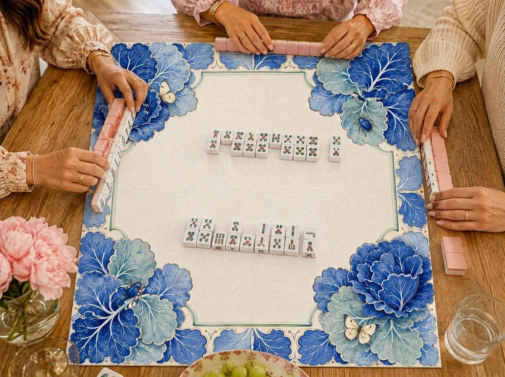 Blue Botanical Mahjong Mat, Cabbage Leaf Majolica Garden Design, 31.5 Inch