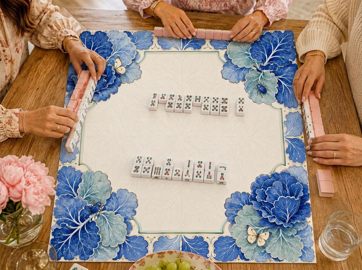 Blue Botanical Mahjong Mat, Cabbage Leaf Majolica Garden Design, 31.5 Inch