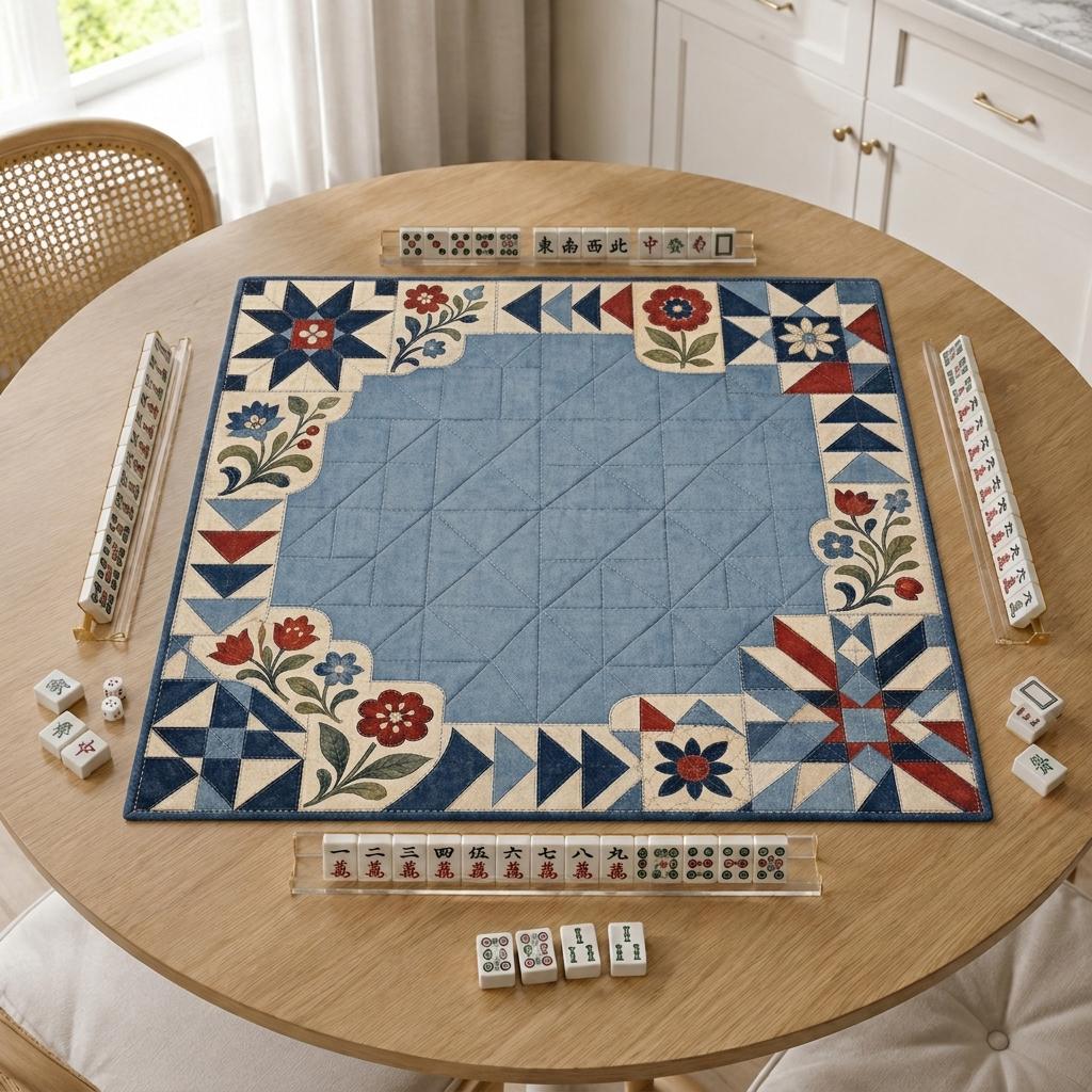 Americana Mahjong Mat, Vintage Quilt Floral Patchwork Design, 31.5 Inch