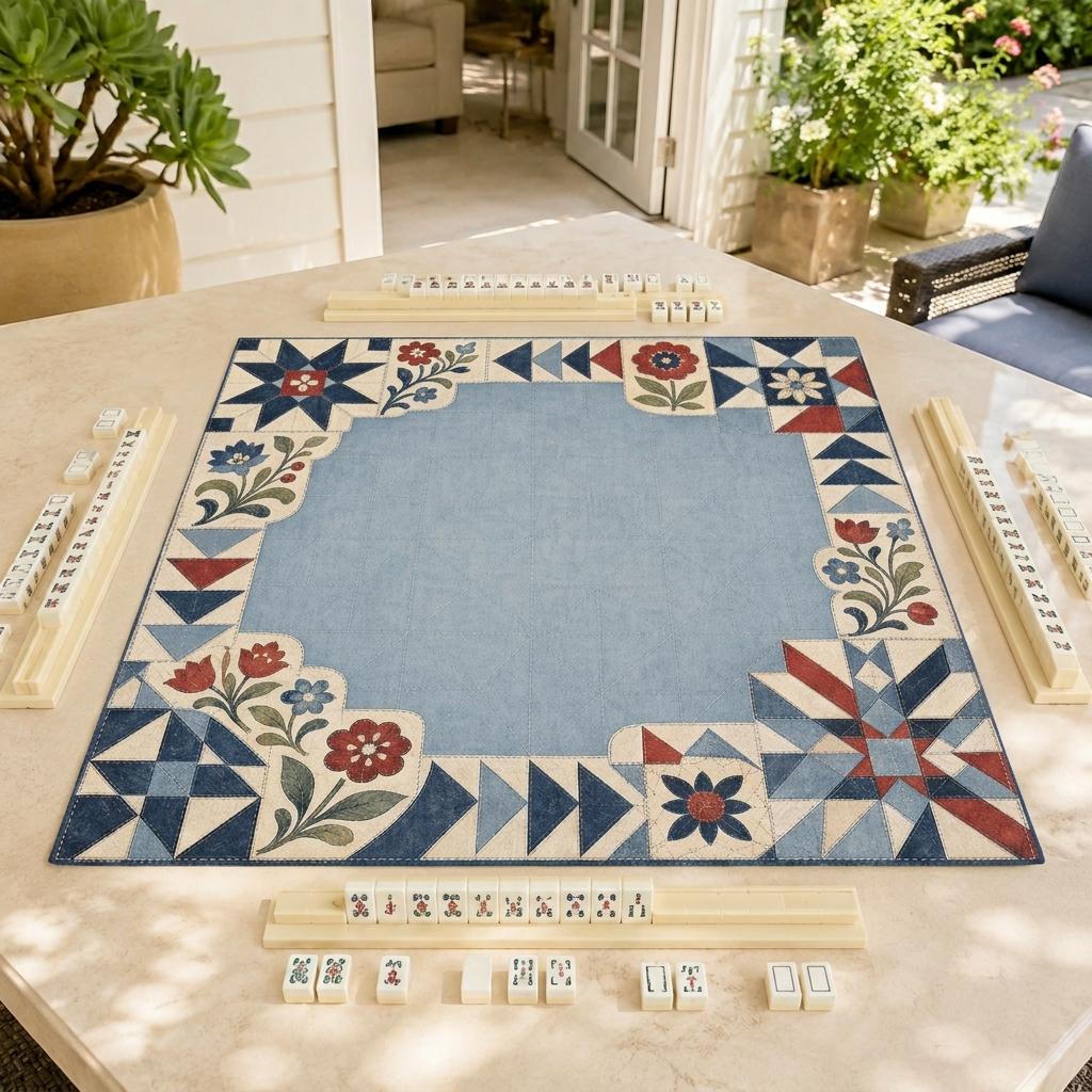 Americana Mahjong Mat, Vintage Quilt Floral Patchwork Design, 31.5 Inch