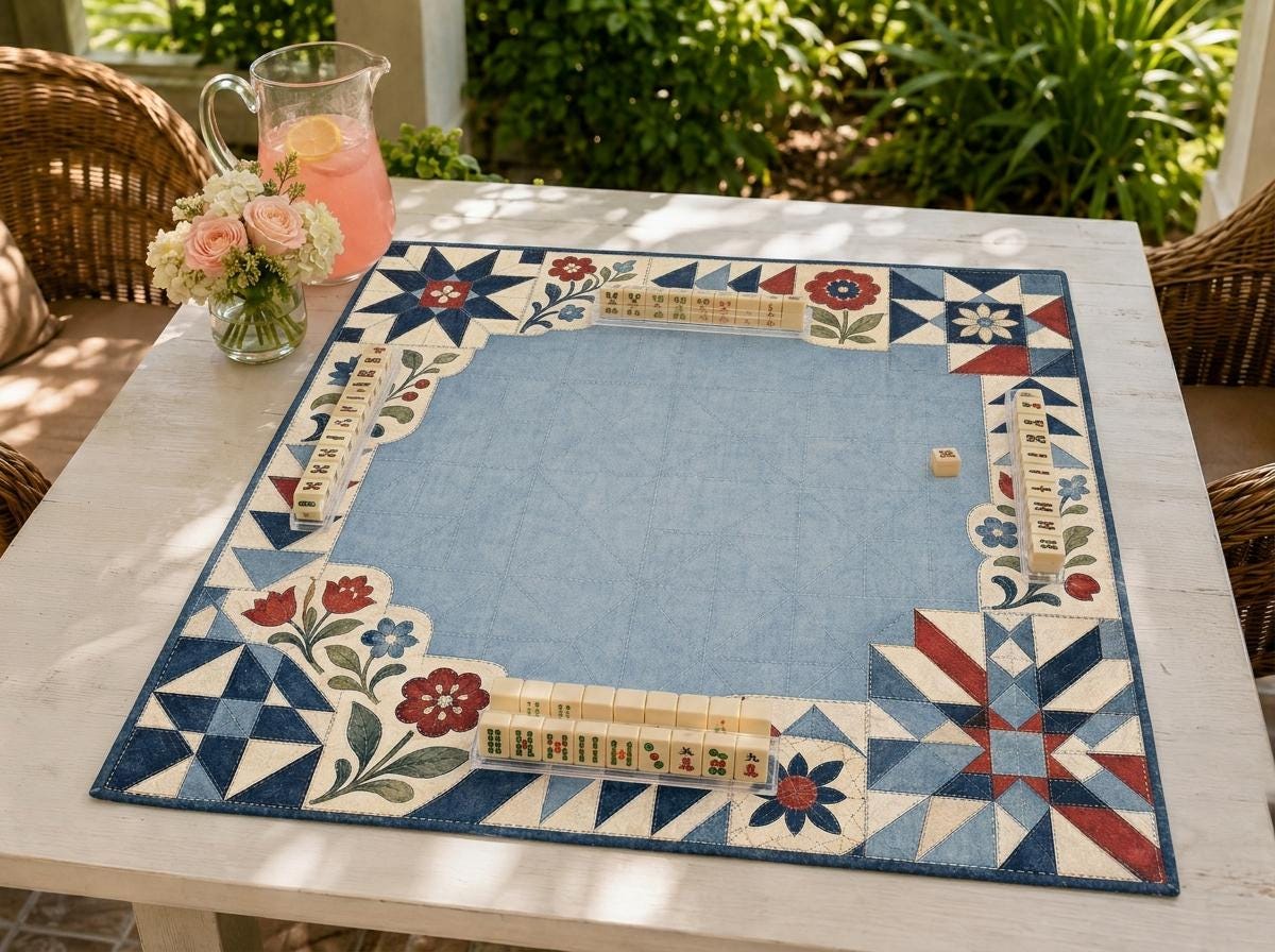 Americana Mahjong Mat, Vintage Quilt Floral Patchwork Design, 31.5 Inch