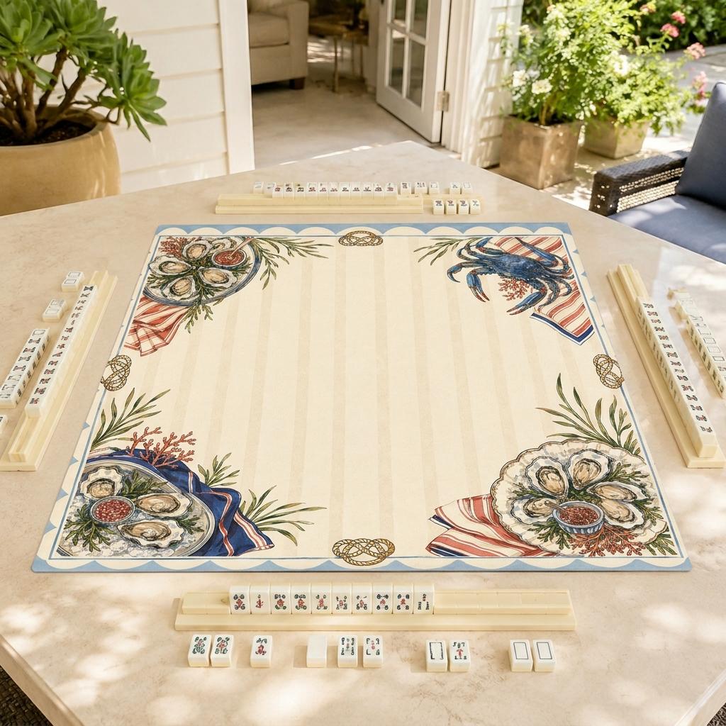 Oyster Mahjong Mat, Coastal Blue Crab Seafood Club Design, 31.5 Inch