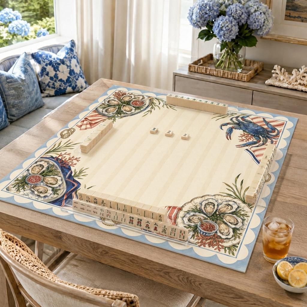 Oyster Mahjong Mat, Coastal Blue Crab Seafood Club Design, 31.5 Inch