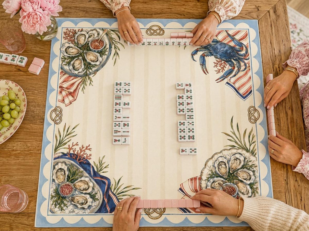 Oyster Mahjong Mat, Coastal Blue Crab Seafood Club Design, 31.5 Inch