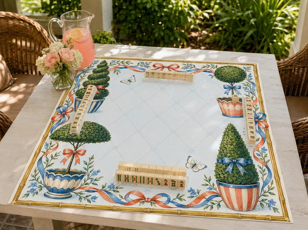 Preppy Mahjong Mat, Topiary Ribbon Garden Party Design, 31.5 Inch