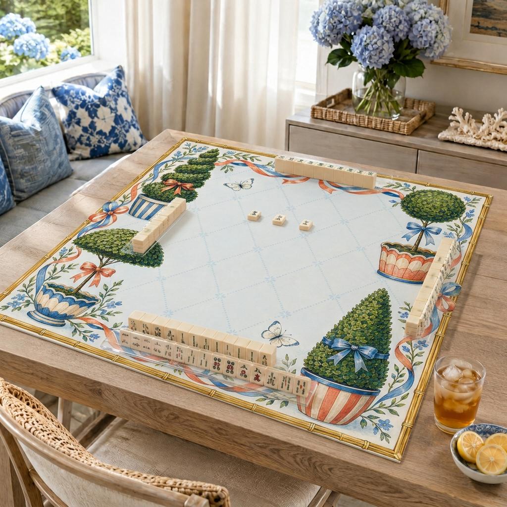 Preppy Mahjong Mat, Topiary Ribbon Garden Party Design, 31.5 Inch