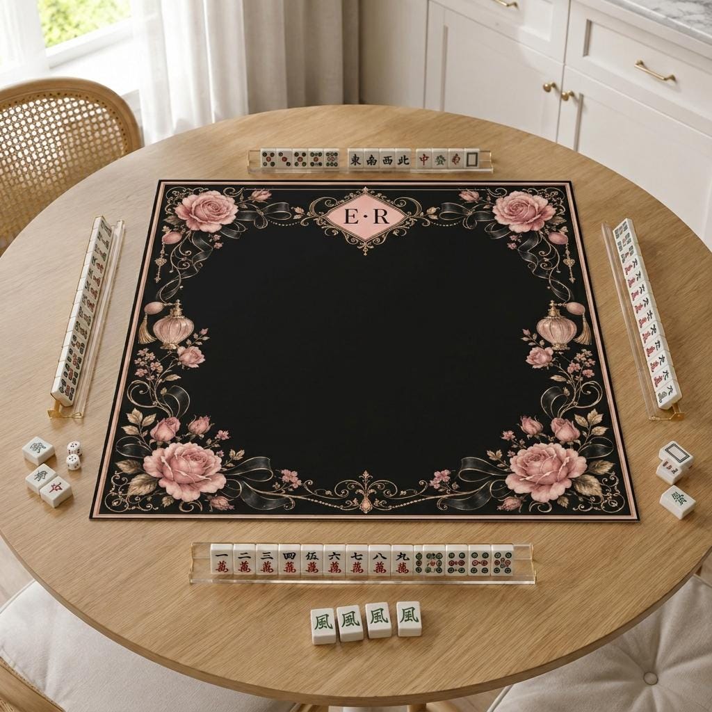 Black Rose Mahjong Mat, Luxury Bow Monogram Victorian Design, 31.5 Inch