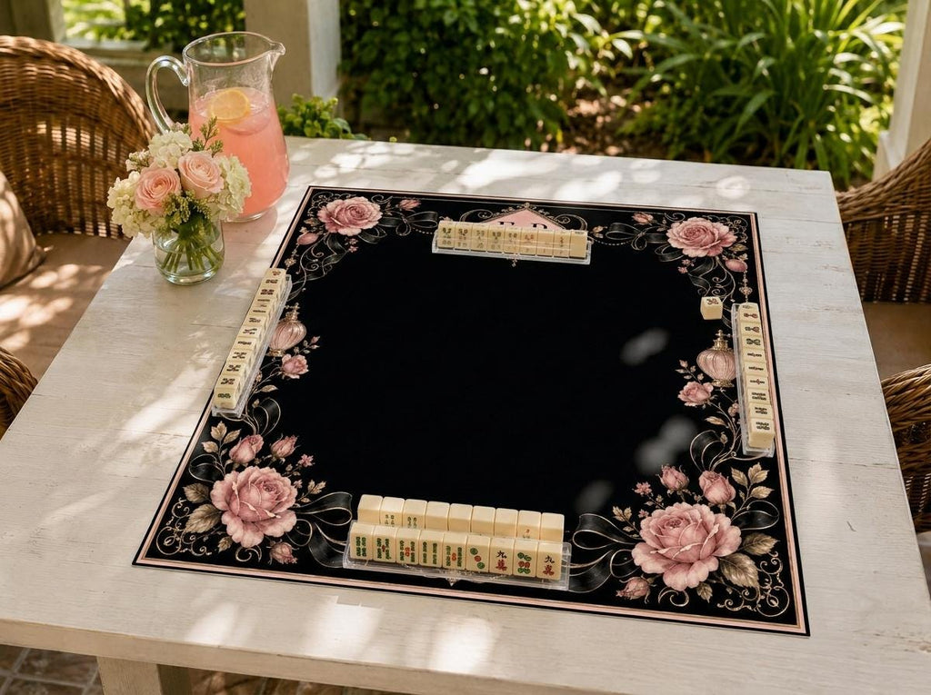 Black Rose Mahjong Mat, Luxury Bow Monogram Victorian Design, 31.5 Inch