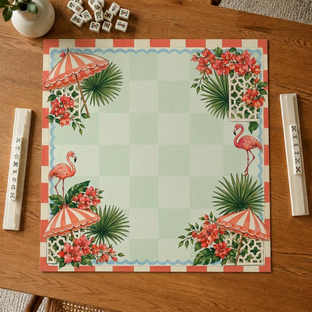 Flamingo Mahjong Mat, Tropical Cabana Garden Party Design, 31.5 Inch