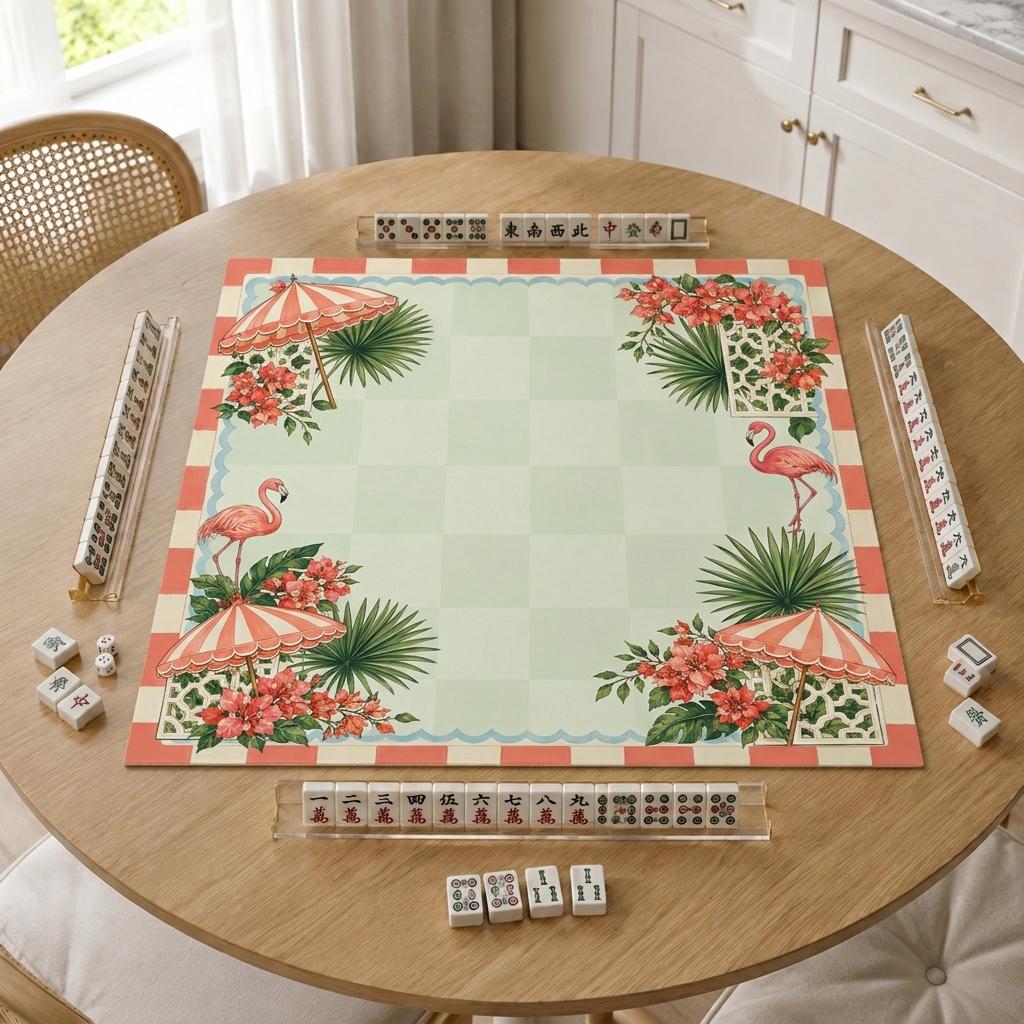 Flamingo Mahjong Mat, Tropical Cabana Garden Party Design, 31.5 Inch