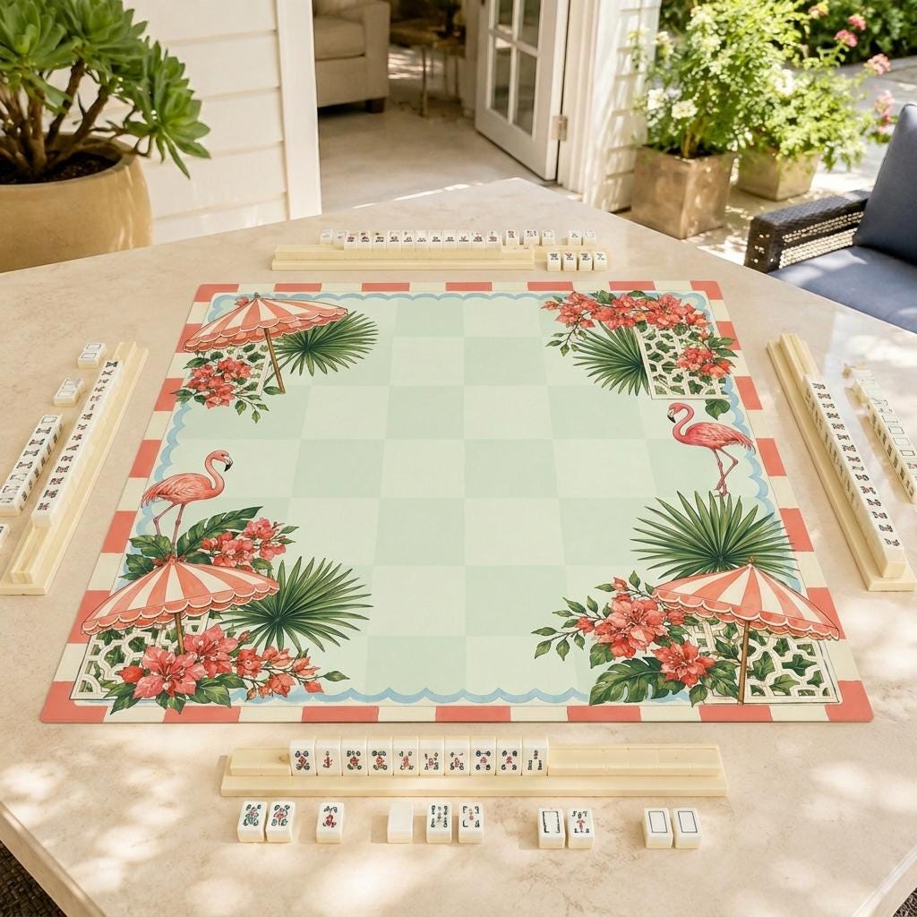 Flamingo Mahjong Mat, Tropical Cabana Garden Party Design, 31.5 Inch