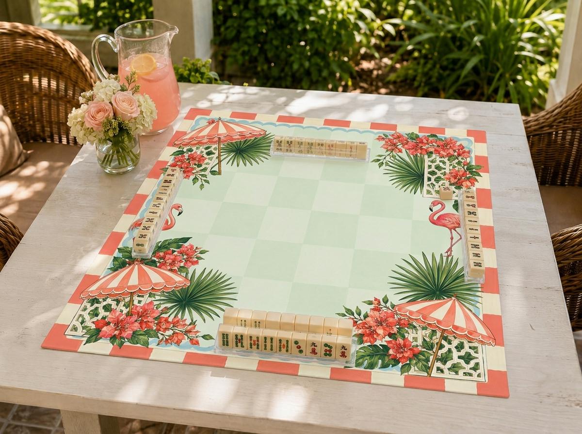 Flamingo Mahjong Mat, Tropical Cabana Garden Party Design, 31.5 Inch