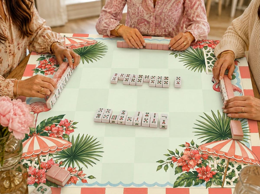 Flamingo Mahjong Mat, Tropical Cabana Garden Party Design, 31.5 Inch