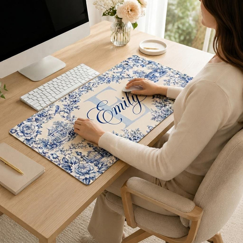 Blue Floral Desk Mat, Personalized Botanical Mouse Pad, Chinoiserie Keyboard Mat, Vintage Garden Office Decor