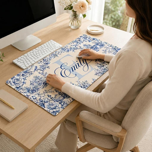 Blue Floral Desk Mat, Personalized Botanical Mouse Pad, Chinoiserie Keyboard Mat, Vintage Garden Office Decor