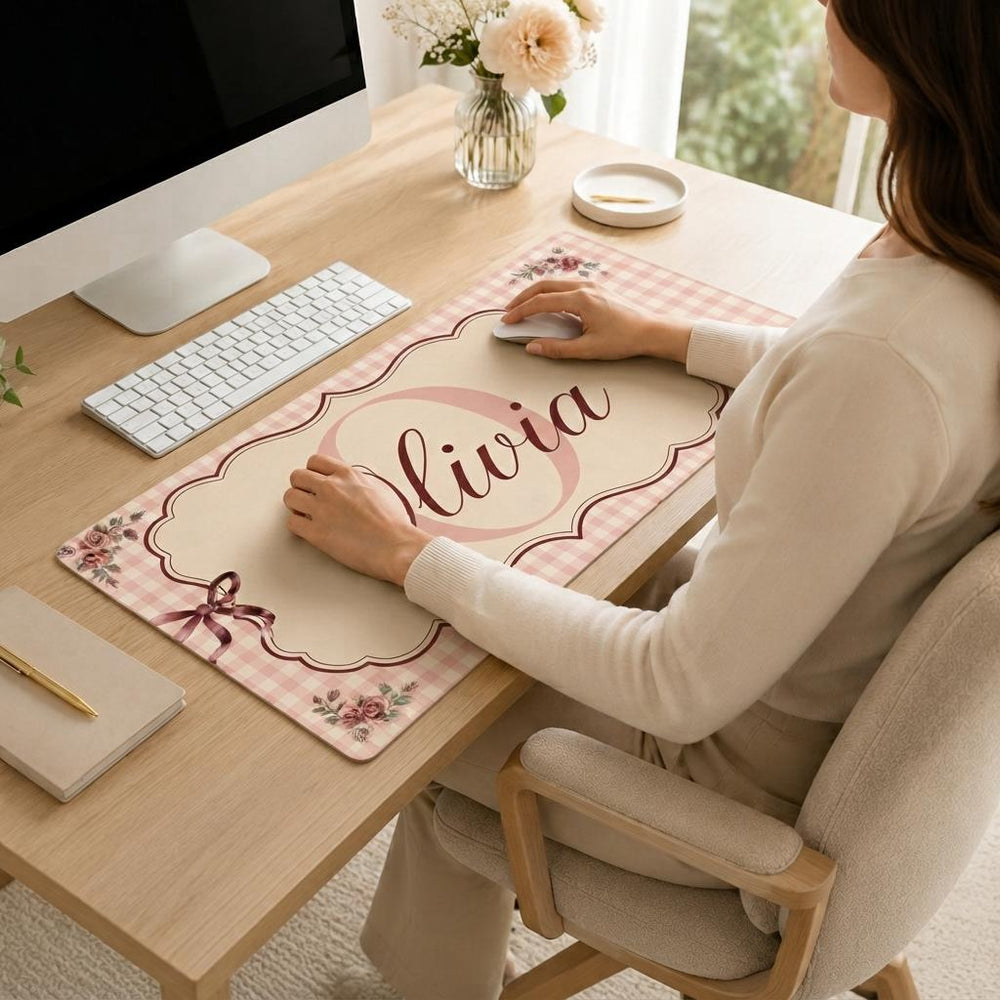 Pink Gingham Desk Mat, Personalized Floral Mouse Pad, Vintage Rose Keyboard Mat, Romantic Office Decor
