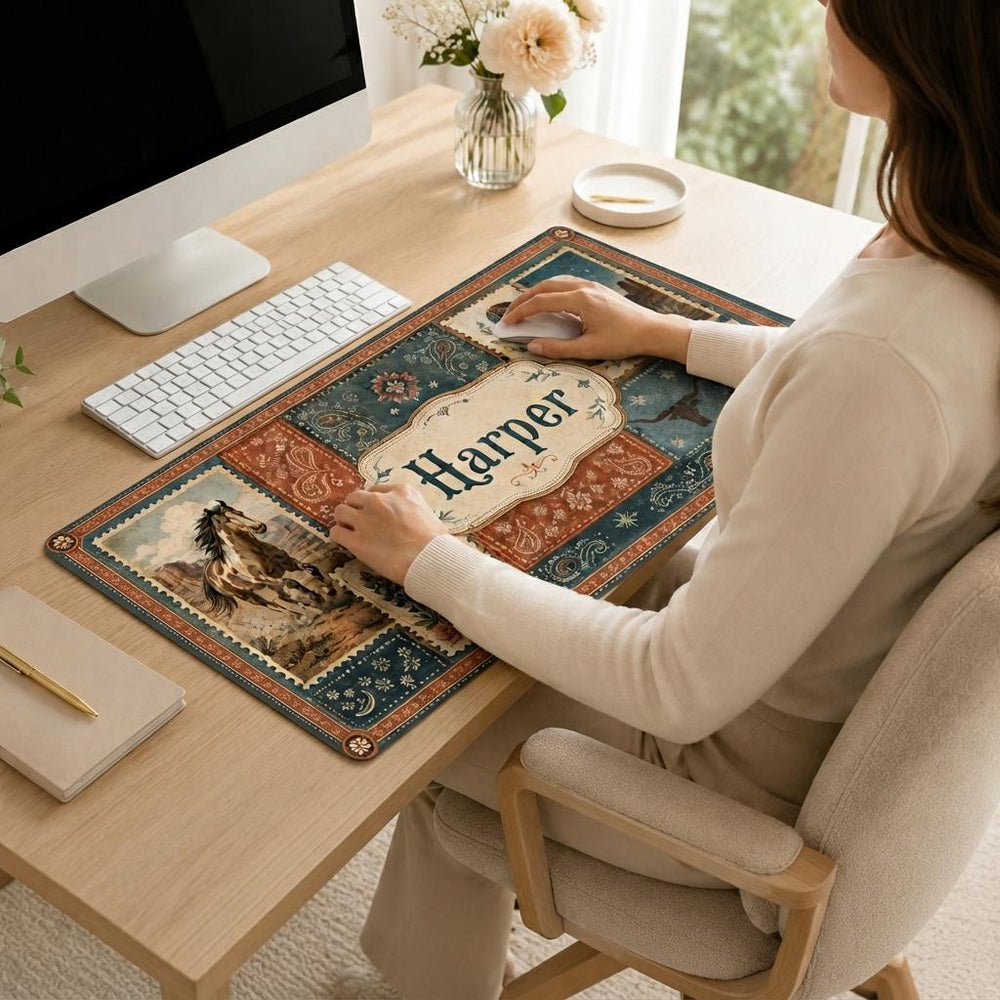 Western Desk Mat, Personalized Cowboy Mouse Pad, Vintage Rodeo Keyboard Mat, Rustic Office Decor