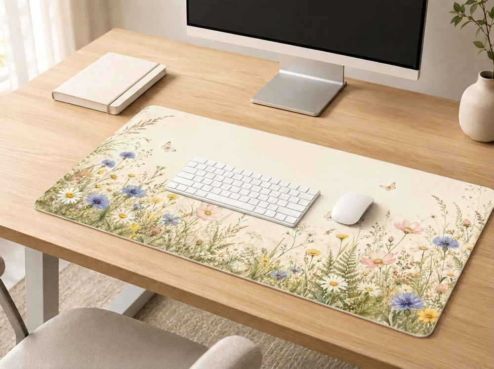 Wildflower Desk Mat, Floral Mouse Pad, Cottagecore Keyboard Mat, Meadow Office Decor, Botanical Desk Pad