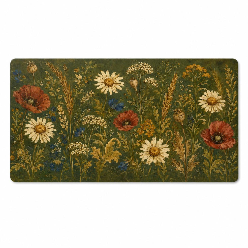 Vintage Wildflower Desk Mat, Dark Green Botanical Vegan Leather Desk Mat, Floral Office Decor