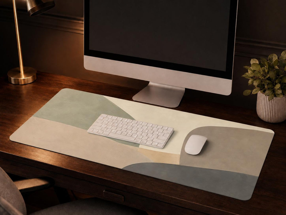Minimalist Abstract Desk Mat, Neutral Sage Green Vegan Leather Desk Mat, Modern Office Decor