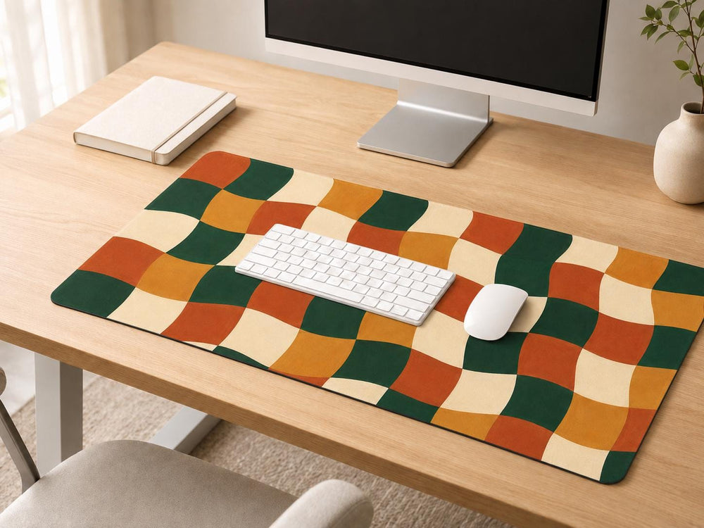 Retro Wavy Checkered Desk Mat, Green Orange Vegan Leather Desk Mat, Groovy Office Decor