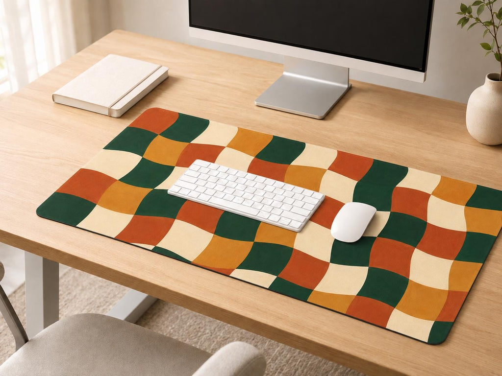 Retro Wavy Checkered Desk Mat, Green Orange Vegan Leather Desk Mat, Groovy Office Decor