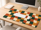 Retro Wavy Checkered Desk Mat, Green Orange Vegan Leather Desk Mat, Groovy Office Decor