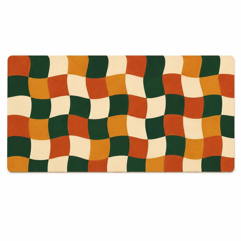Retro Wavy Checkered Desk Mat, Green Orange Vegan Leather Desk Mat, Groovy Office Decor