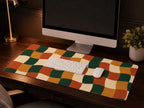 Retro Wavy Checkered Desk Mat, Green Orange Vegan Leather Desk Mat, Groovy Office Decor