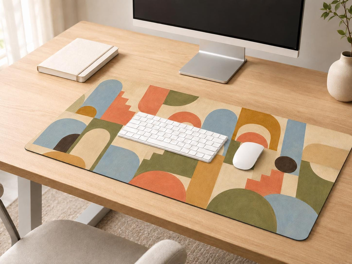 Retro Geometric Desk Mat, Mid Century Modern Vegan Leather Desk Mat, Colorful Office Decor
