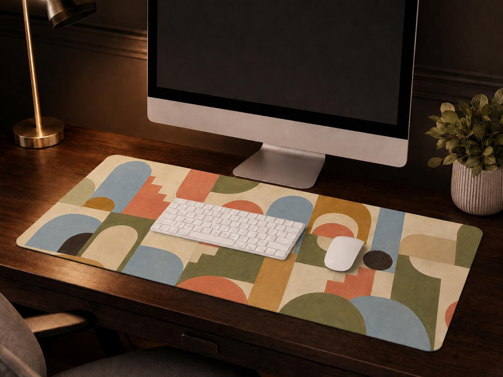 Retro Geometric Desk Mat, Mid Century Modern Vegan Leather Desk Mat, Colorful Office Decor