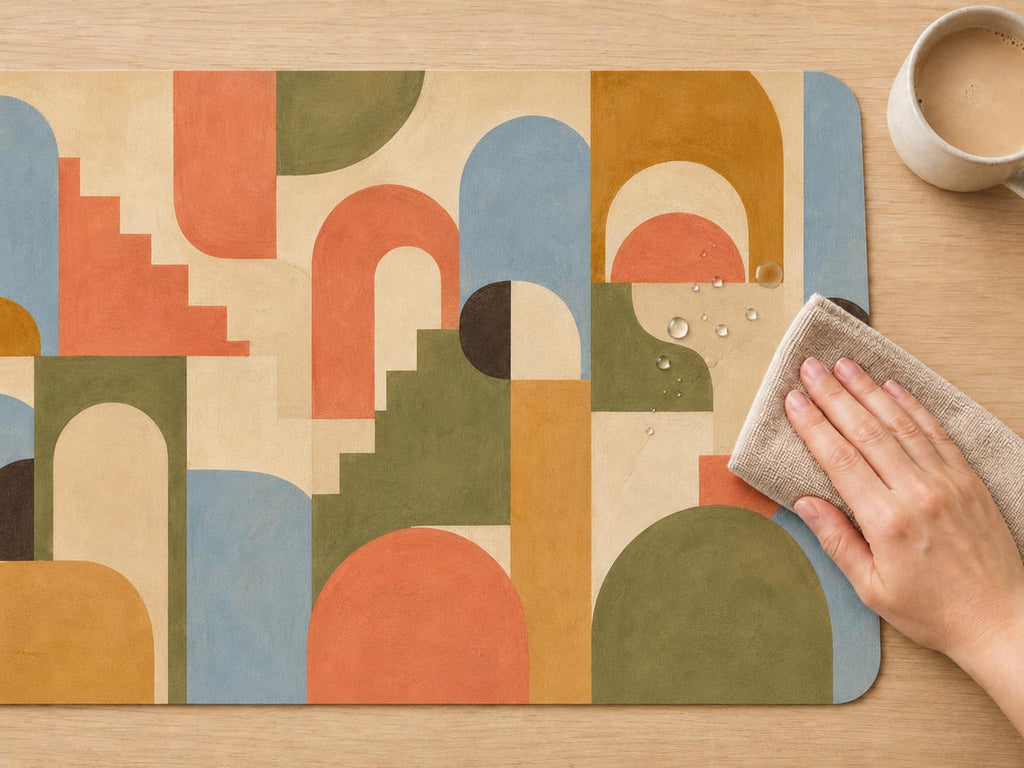 Retro Geometric Desk Mat, Mid Century Modern Vegan Leather Desk Mat, Colorful Office Decor