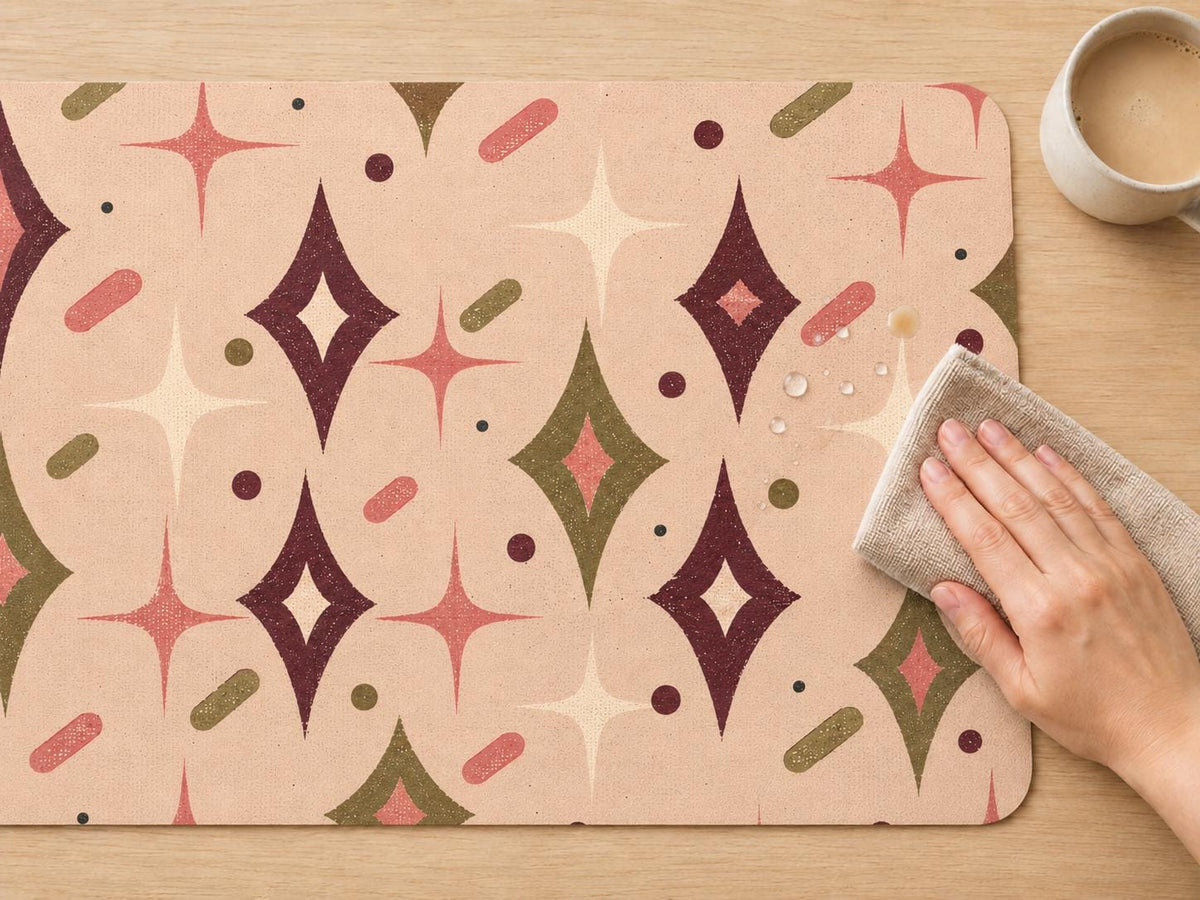 Retro Starburst Desk Mat, Mid Century Modern Vegan Leather Desk Mat, Atomic Office Decor