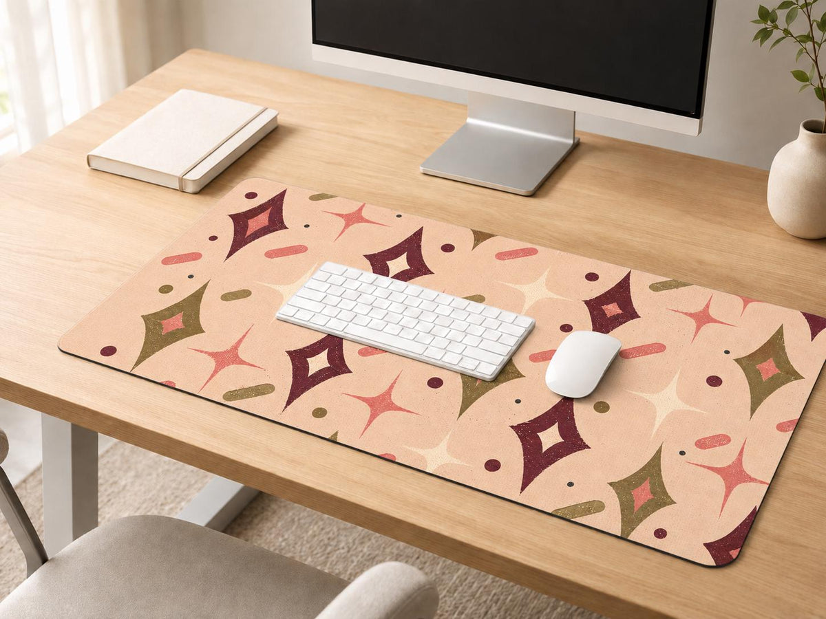 Retro Starburst Desk Mat, Mid Century Modern Vegan Leather Desk Mat, Atomic Office Decor
