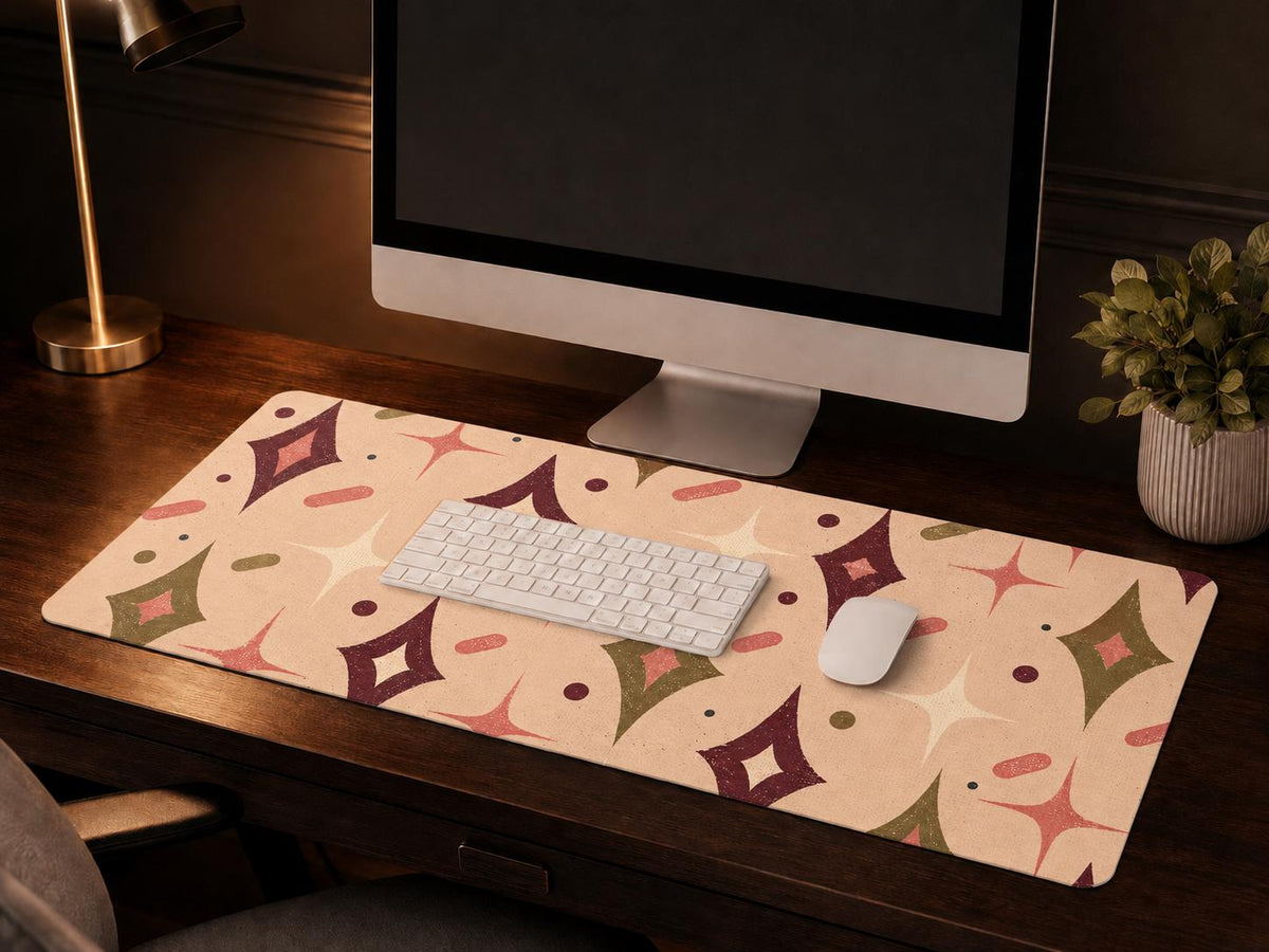 Retro Starburst Desk Mat, Mid Century Modern Vegan Leather Desk Mat, Atomic Office Decor
