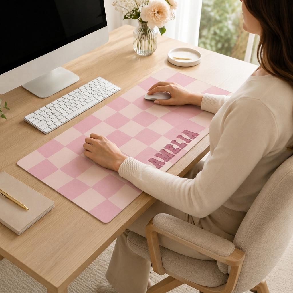 Personalized Checkered Desk Mat, Custom Name Vegan Leather Desk Mat, 5 Color Options