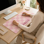 Personalized Checkered Desk Mat, Custom Name Vegan Leather Desk Mat, 5 Color Options